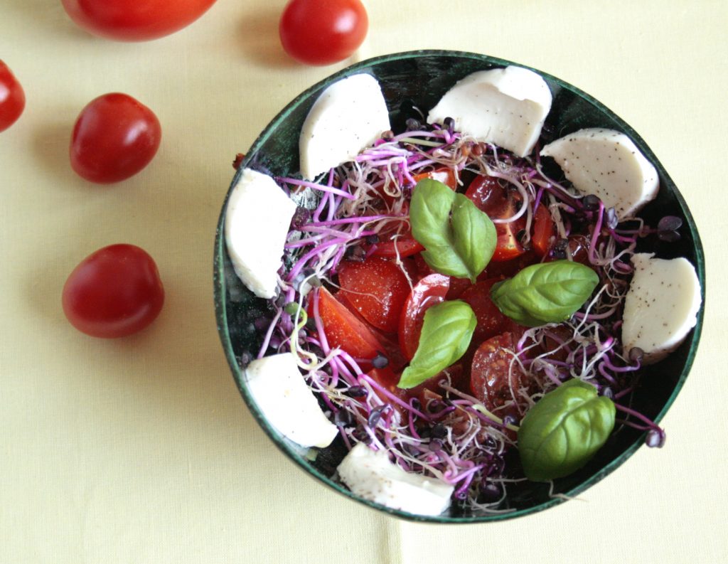 Low FODMAP Tomato, sprouts and mozarella salad