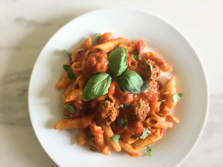 Low FODMAP beef meatballs in a tomato sauce, with a gluten free pasta